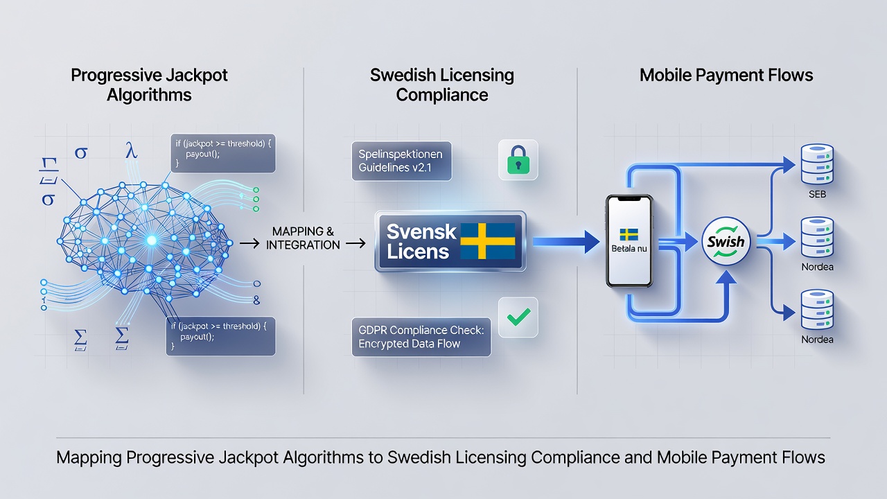 Flowchart illustrating mobile payment transactions feeding into progressive jackpot pools under Swedish compliance rules